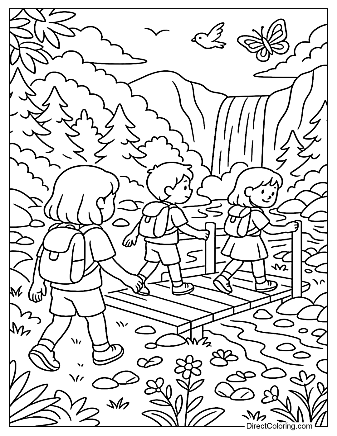 A coloring page of children walking towards a waterfall, across a small wooden bridge, with a stream, rocks and flowers.